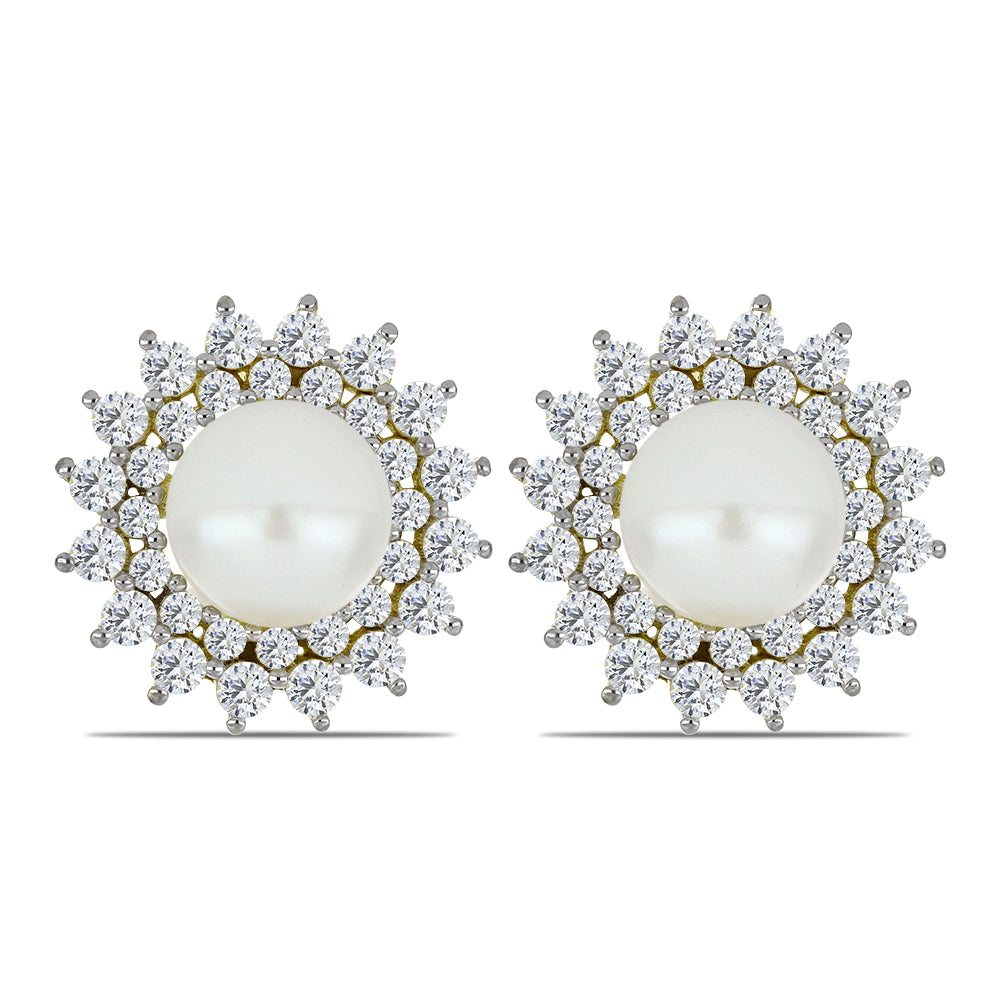 Cercei din Argint 925 Placat cu Aur ( 5.09 grame ) cu Perlă de Apă Dulce Albă și Topaz Alb 7.62 Carate 1 