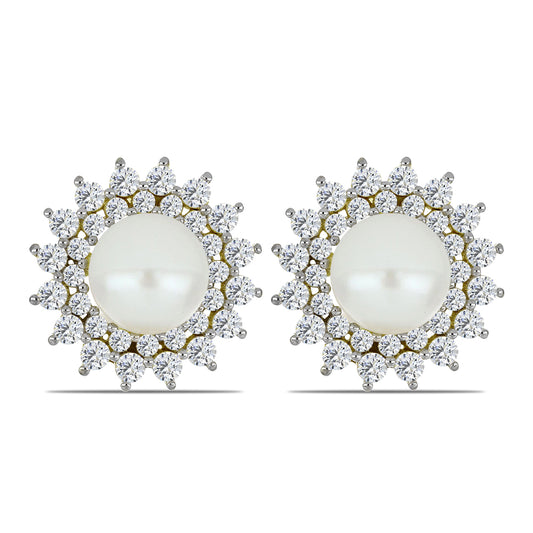 Cercei din Argint 925 Placat cu Aur ( 5.09 grame ) cu Perlă de Apă Dulce Albă și Topaz Alb 7.62 Carate