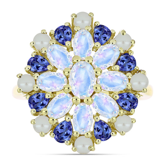 Inel din Argint 925 Placat cu Aur ( 4.83 grame ) cu Perlă de Apă Dulce Albă și Tanzanit 4.42 Carate