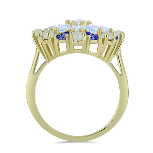 Inel din Argint 925 Placat cu Aur ( 4.83 grame ) cu Perlă de Apă Dulce Albă și Tanzanit 4.42 Carate