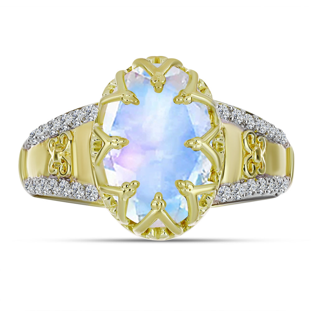 Inel din Argint 925 Placat cu Aur ( 3.91 grame ) cu Piatra Lunii Curcubeu și Topaz Alb 3.04 Carate 1 