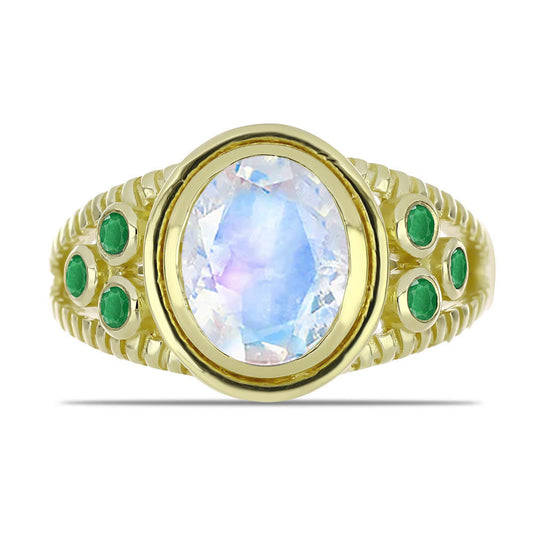 Inel din Argint 925 Placat cu Aur ( 5.13 grame ) cu Piatra Lunii Curcubeu și Smarald Brazilian 2.66 Carate