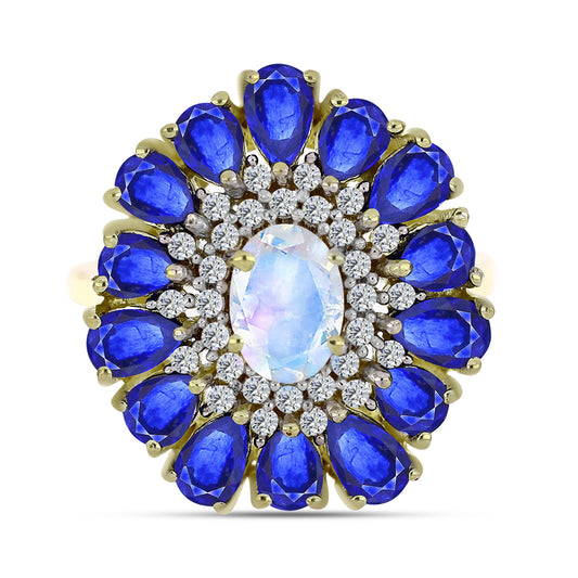 Inel din Argint 925 Placat cu Aur ( 4.95 grame ) cu Piatra Lunii Curcubeu și Safir Albastru Australian 4.77 Carate