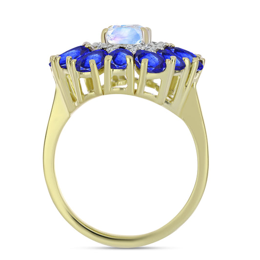 Inel din Argint 925 Placat cu Aur ( 4.95 grame ) cu Piatra Lunii Curcubeu și Safir Albastru Australian 4.77 Carate