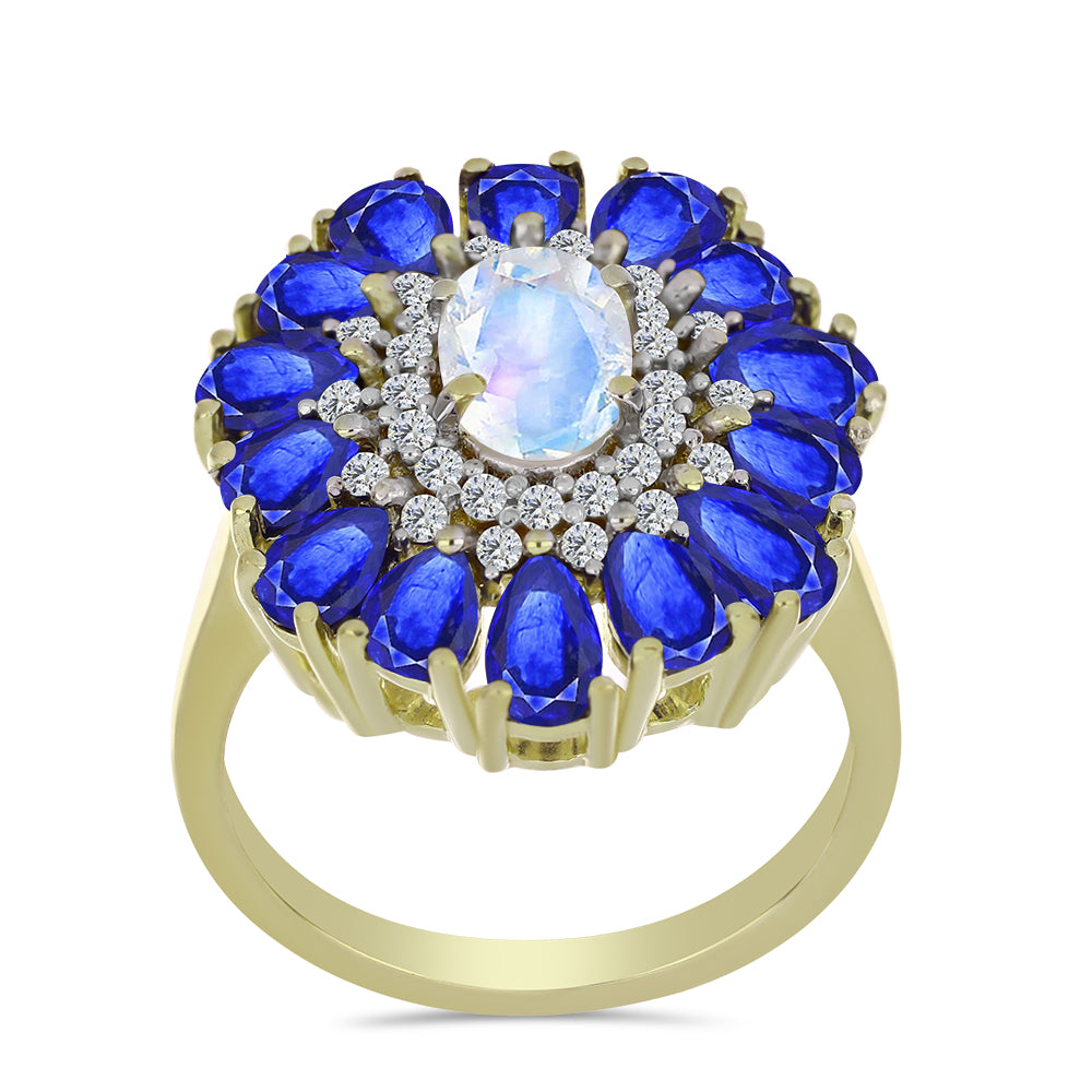 Inel din Argint 925 Placat cu Aur ( 4.95 grame ) cu Piatra Lunii Curcubeu și Safir Albastru Australian 4.77 Carate 3 
