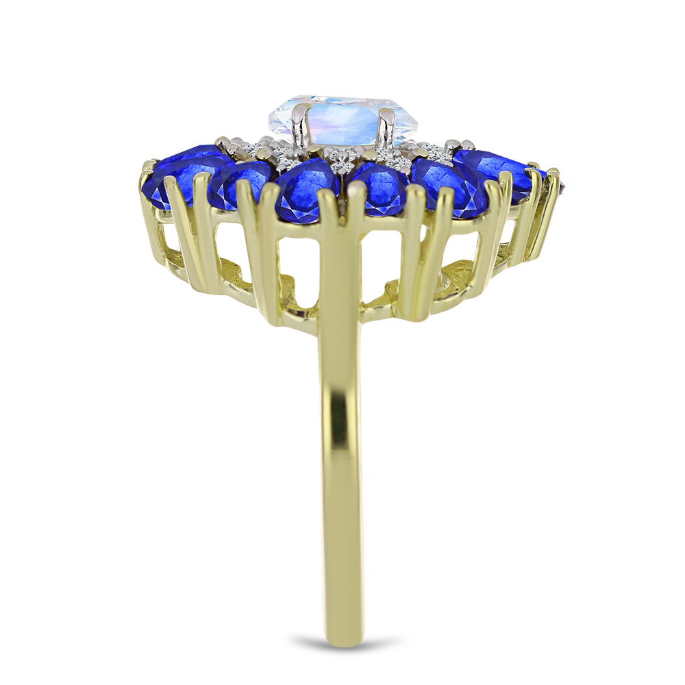 Inel din Argint 925 Placat cu Aur ( 4.95 grame ) cu Piatra Lunii Curcubeu și Safir Albastru Australian 4.77 Carate 4 