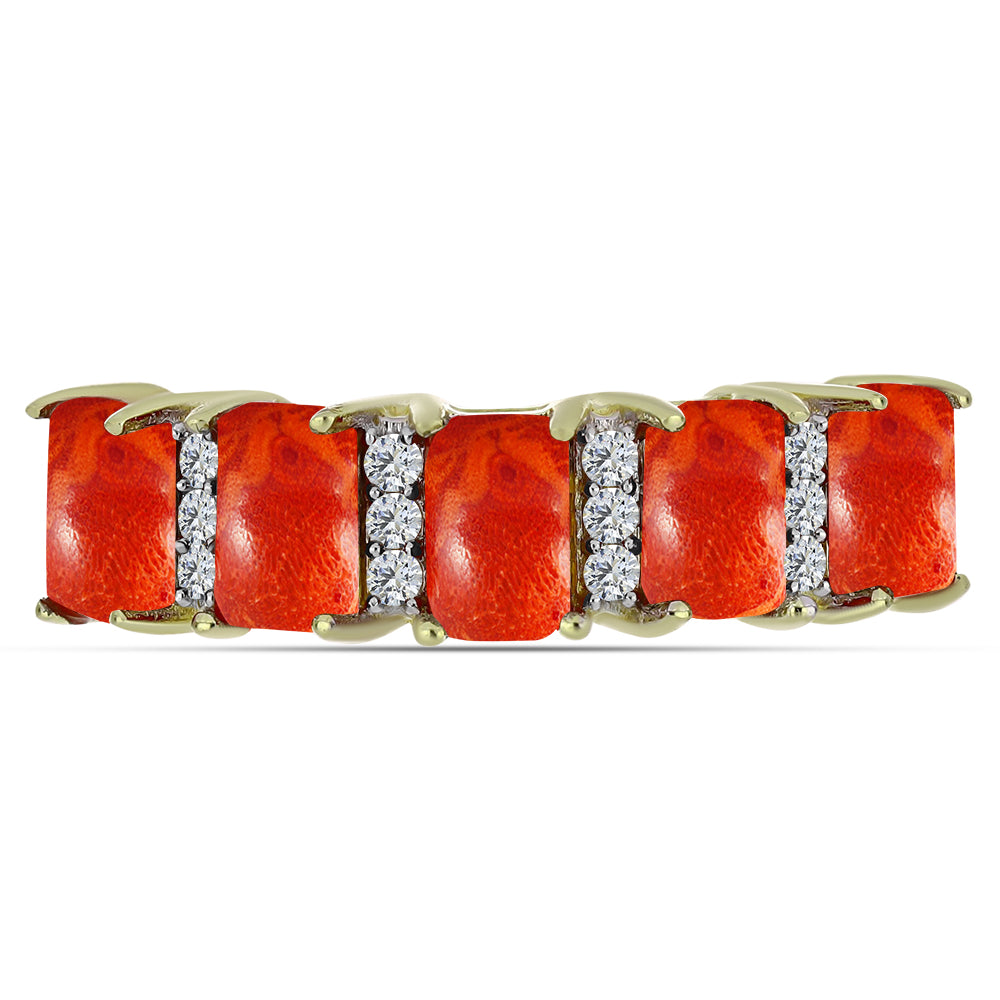 Inel din Argint 925 Placat cu Aur ( 2.53 grame ) cu Coral Roșu Burete și Topaz Alb 1.61 Carate 2 