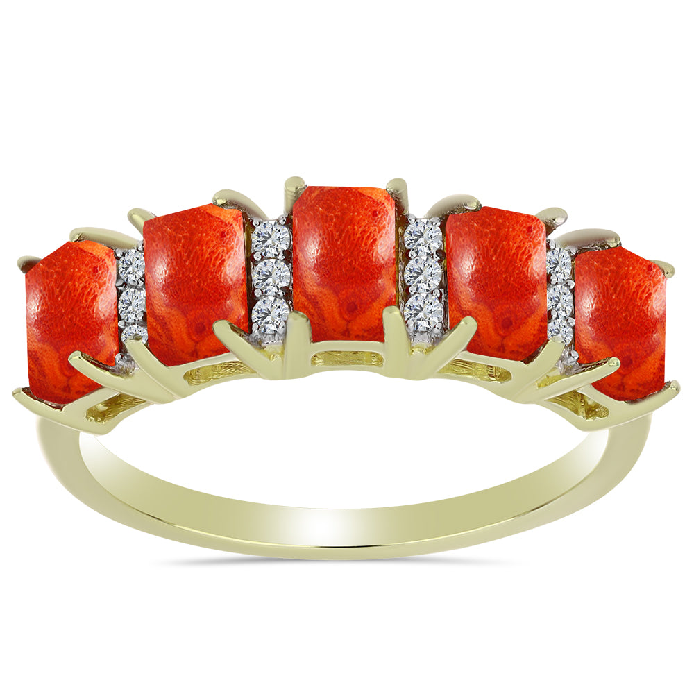 Inel din Argint 925 Placat cu Aur ( 2.53 grame ) cu Coral Roșu Burete și Topaz Alb 1.61 Carate 1 