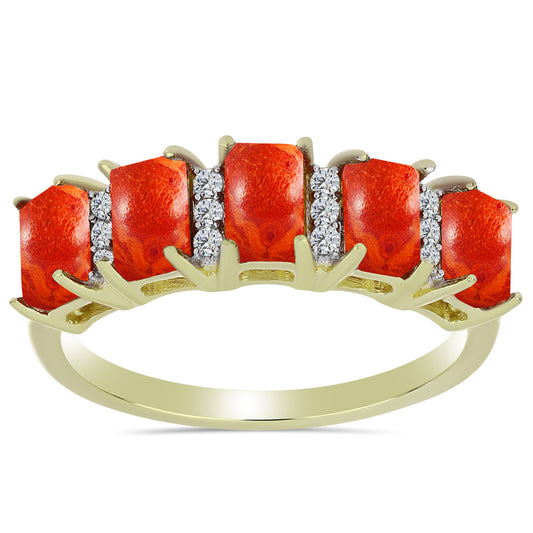 Inel din Argint 925 Placat cu Aur ( 2.53 grame ) cu Coral Roșu Burete și Topaz Alb 1.61 Carate