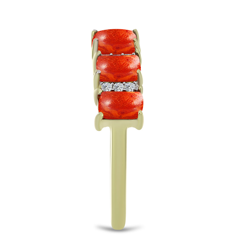 Inel din Argint 925 Placat cu Aur ( 2.53 grame ) cu Coral Roșu Burete și Topaz Alb 1.61 Carate 4 