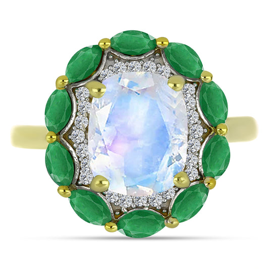 Inel din Argint 925 Placat cu Aur ( 4.17 grame ) cu Piatra Lunii Curcubeu și Smarald Brazilian 3.81 Carate