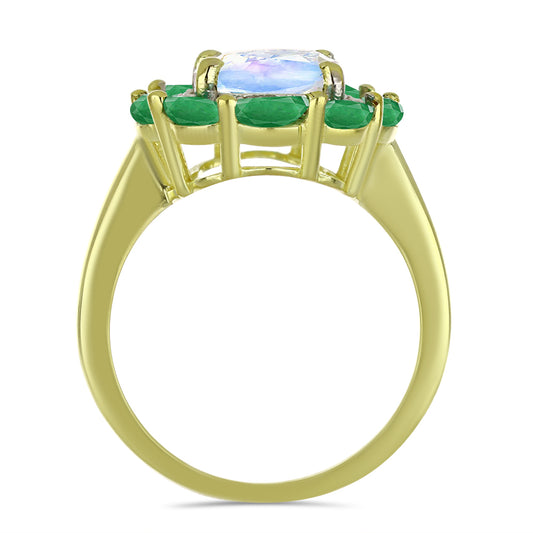 Inel din Argint 925 Placat cu Aur ( 4.17 grame ) cu Piatra Lunii Curcubeu și Smarald Brazilian 3.81 Carate