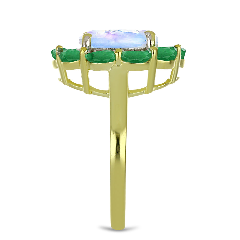 Inel din Argint 925 Placat cu Aur ( 4.17 grame ) cu Piatra Lunii Curcubeu și Smarald Brazilian 3.81 Carate