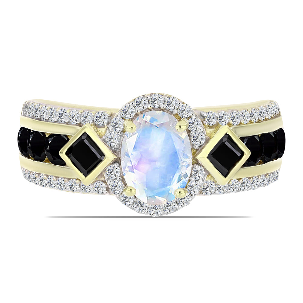 Inel din Argint 925 Placat cu Aur ( 4.7 grame ) cu Piatra Lunii Curcubeu și Spinel Negru 3.02 Carate 1 