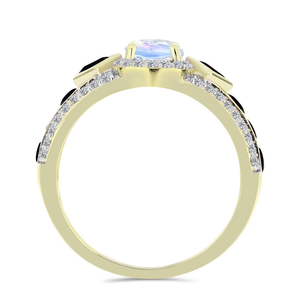 Inel din Argint 925 Placat cu Aur ( 4.7 grame ) cu Piatra Lunii Curcubeu și Spinel Negru 3.02 Carate 2 