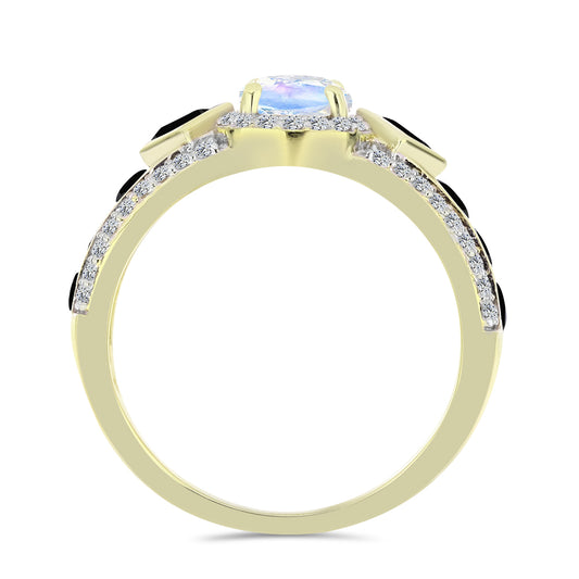 Inel din Argint 925 Placat cu Aur ( 4.7 grame ) cu Piatra Lunii Curcubeu și Spinel Negru 3.02 Carate