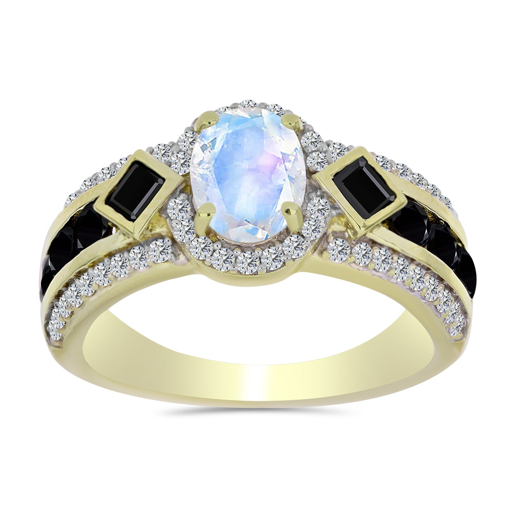 Inel din Argint 925 Placat cu Aur ( 4.7 grame ) cu Piatra Lunii Curcubeu și Spinel Negru 3.02 Carate