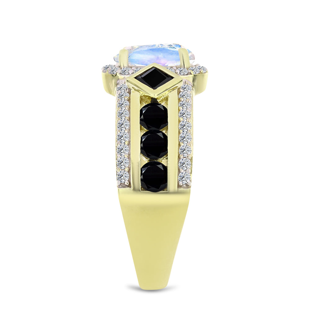 Inel din Argint 925 Placat cu Aur ( 4.7 grame ) cu Piatra Lunii Curcubeu și Spinel Negru 3.02 Carate 4 