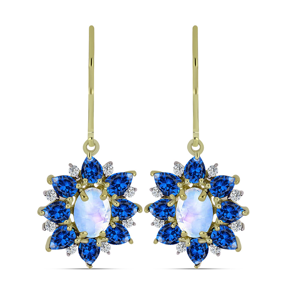 Cercei din Argint 925 Placat cu Aur ( 3.41 grame ) cu Piatra Lunii Curcubeu și Safir Albastru Australian 5.55 Carate