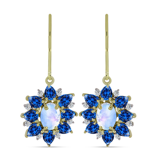Cercei din Argint 925 Placat cu Aur ( 3.41 grame ) cu Piatra Lunii Curcubeu și Safir Albastru Australian 5.55 Carate