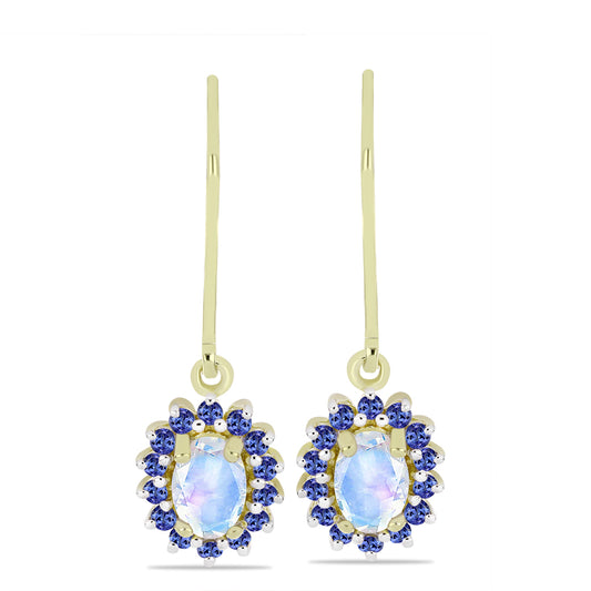 Cercei din Argint 925 Placat cu Aur ( 2.17 grame ) cu Piatra Lunii Curcubeu și Tanzanit 1.36 Carate