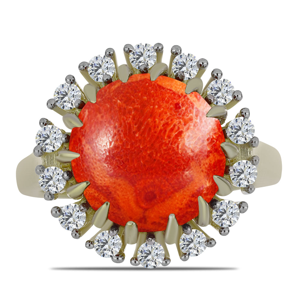 Inel din Argint 925 Placat cu Aur ( 4.25 grame ) cu Coral Roșu Burete și Topaz Alb 5.88 Carate 1 