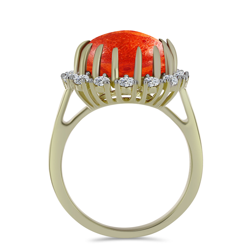 Inel din Argint 925 Placat cu Aur ( 4.25 grame ) cu Coral Roșu Burete și Topaz Alb 5.88 Carate