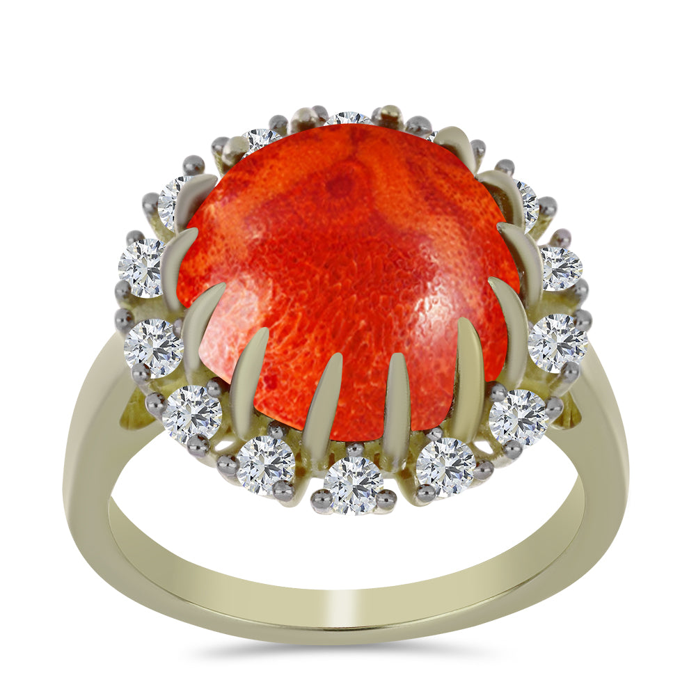 Inel din Argint 925 Placat cu Aur ( 4.25 grame ) cu Coral Roșu Burete și Topaz Alb 5.88 Carate
