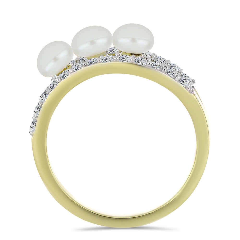 Inel din Argint 925 Placat cu Aur ( 2.64 grame ) cu Perlă de Apă Dulce Albă și Topaz Alb 2.25 Carate