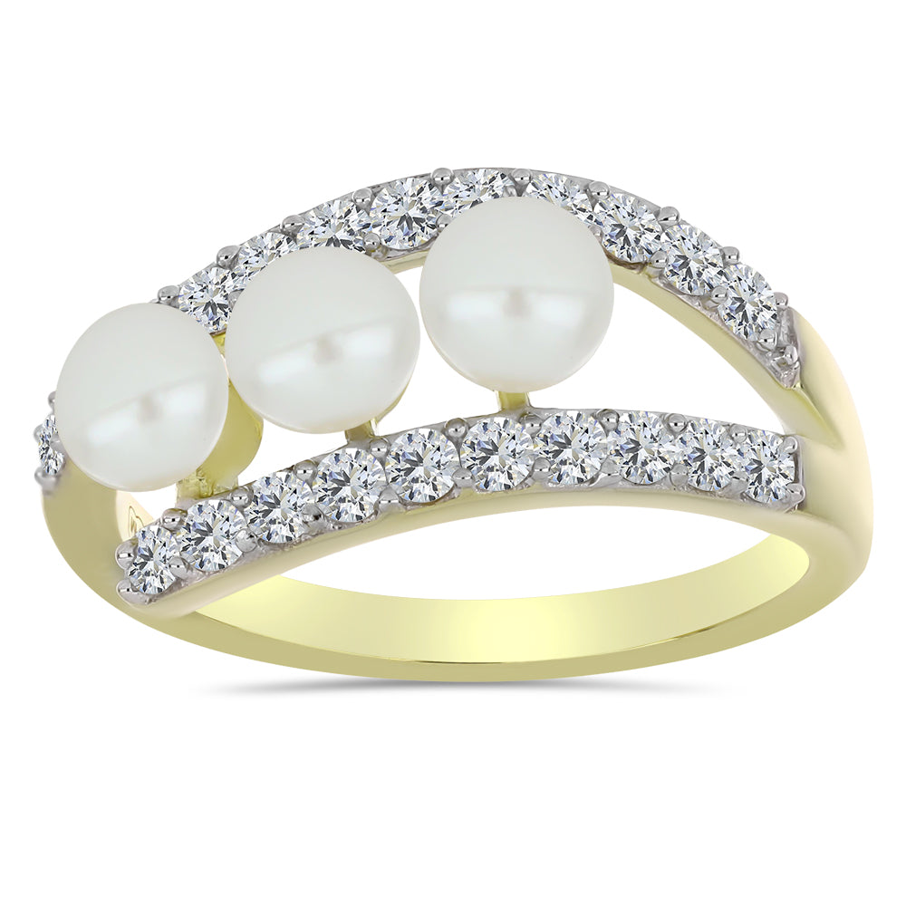 Inel din Argint 925 Placat cu Aur ( 2.64 grame ) cu Perlă de Apă Dulce Albă și Topaz Alb 2.25 Carate