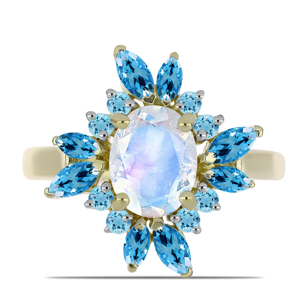 Inel din Argint 925 Placat cu Aur ( 3.91 grame ) cu Piatra Lunii Curcubeu și Topaz Albastru ”Elveția” 2.84 Carate