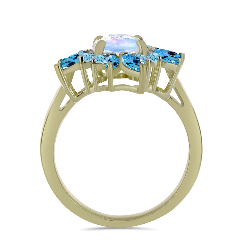 Inel din Argint 925 Placat cu Aur ( 3.91 grame ) cu Piatra Lunii Curcubeu și Topaz Albastru ”Elveția” 2.84 Carate 2 