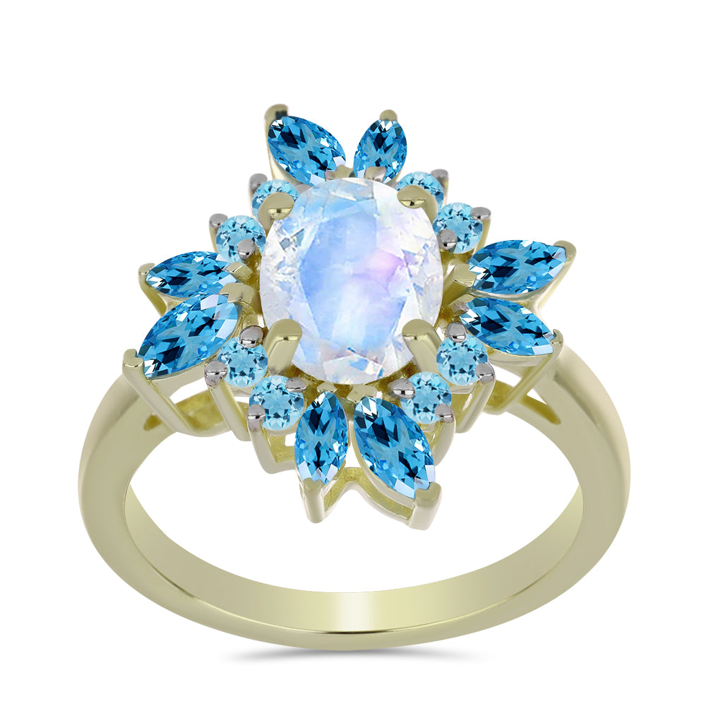 Inel din Argint 925 Placat cu Aur ( 3.91 grame ) cu Piatra Lunii Curcubeu și Topaz Albastru ”Elveția” 2.84 Carate 3 