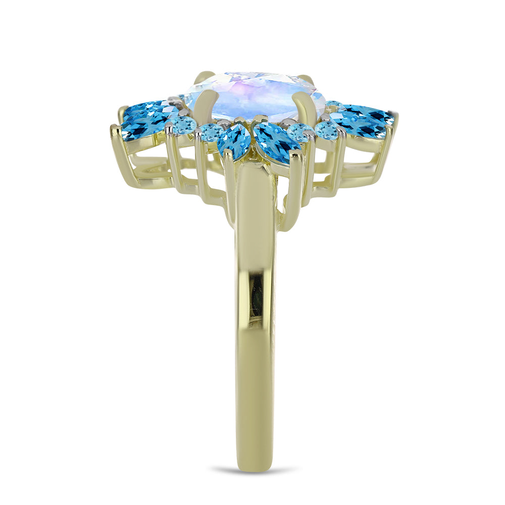 Inel din Argint 925 Placat cu Aur ( 3.91 grame ) cu Piatra Lunii Curcubeu și Topaz Albastru ”Elveția” 2.84 Carate 4 