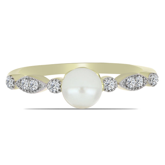 Inel din Argint 925 Placat cu Aur ( 1.97 grame ) cu Perlă de Apă Dulce Albă și Topaz Alb 1.14 Carate