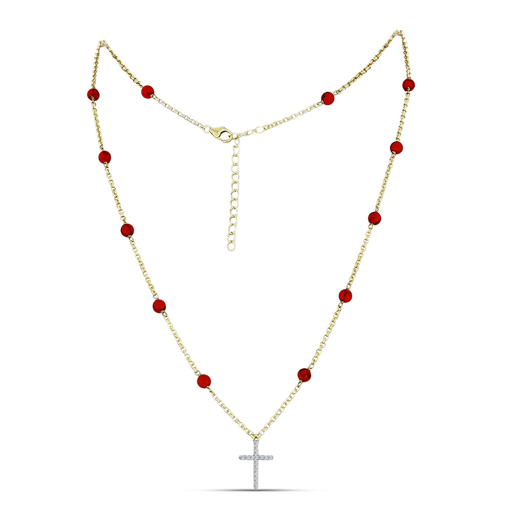 Colier din Argint 925 Placat cu Aur ( 3.8 grame ) cu Coral Roșu Burete și Topaz Alb 6.2 Carate