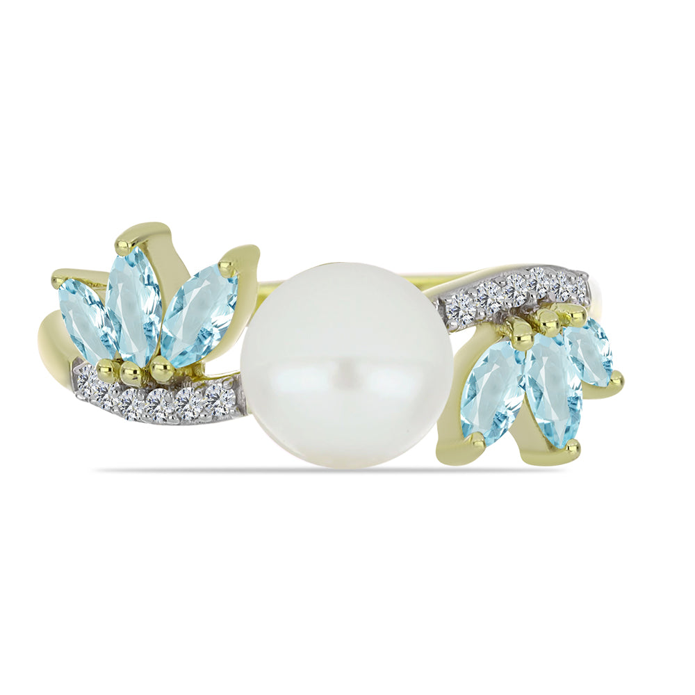 Inel din Argint 925 Placat cu Aur ( 2.75 grame ) cu Perlă de Apă Dulce Albă și Acvamarin 3.88 Carate 1 