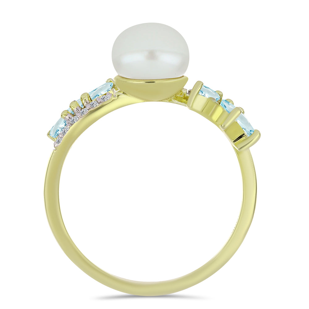 Inel din Argint 925 Placat cu Aur ( 2.75 grame ) cu Perlă de Apă Dulce Albă și Acvamarin 3.88 Carate