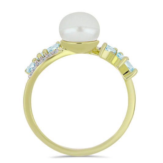 Inel din Argint 925 Placat cu Aur ( 2.75 grame ) cu Perlă de Apă Dulce Albă și Acvamarin 3.88 Carate