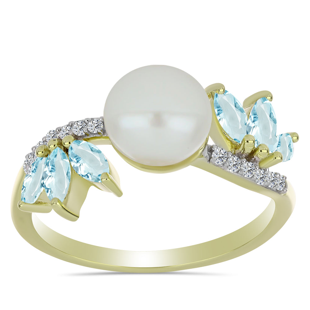 Inel din Argint 925 Placat cu Aur ( 2.75 grame ) cu Perlă de Apă Dulce Albă și Acvamarin 3.88 Carate 3 