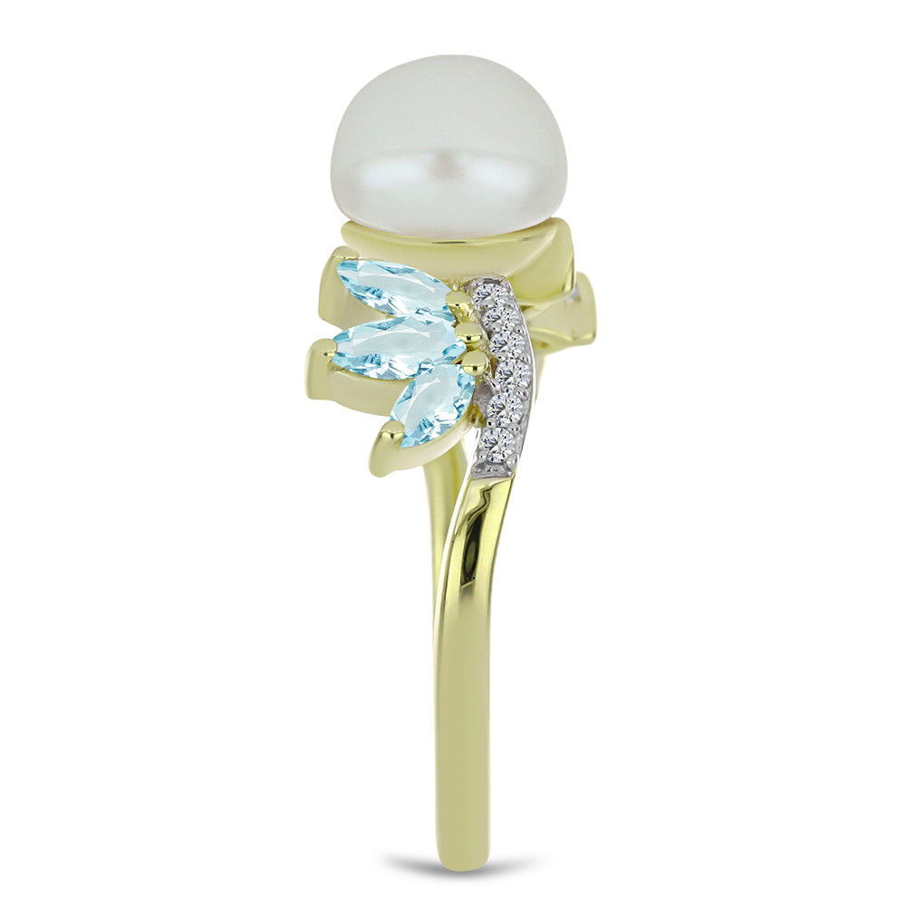 Inel din Argint 925 Placat cu Aur ( 2.75 grame ) cu Perlă de Apă Dulce Albă și Acvamarin 3.88 Carate
