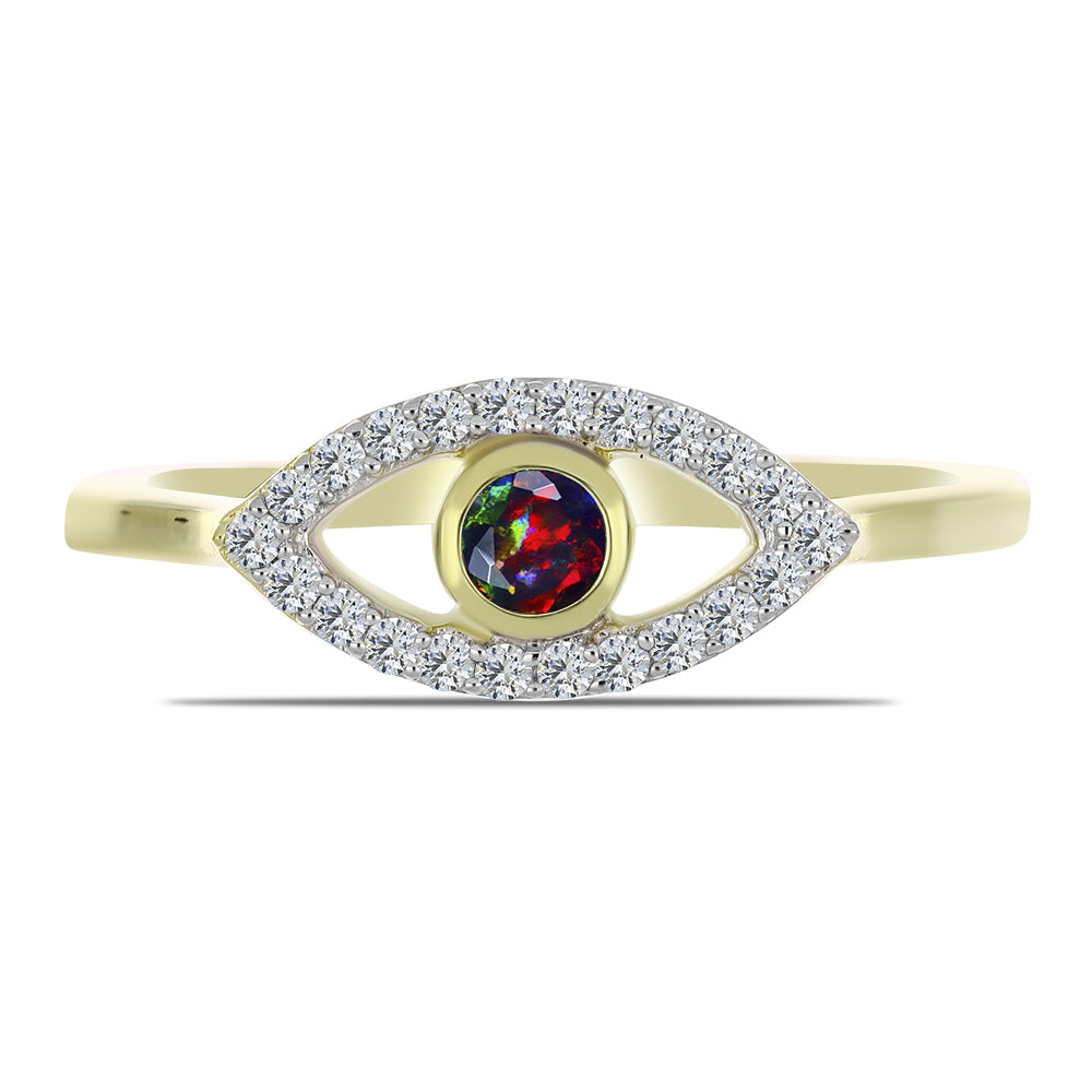 Inel din Argint 925 Placat cu Aur ( 1.89 grame ) cu Opal Etiopian Negru Lega Dembi și Topaz Alb 0.26 Carate 1 
