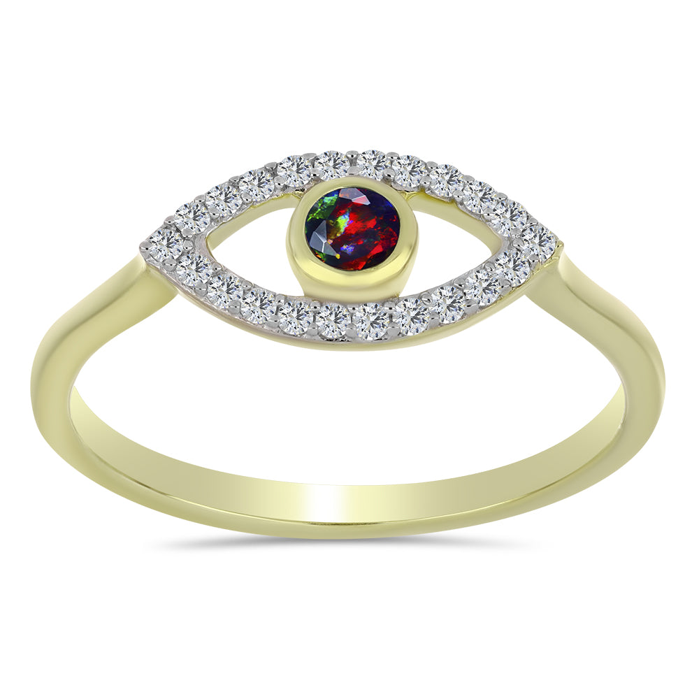 Inel din Argint 925 Placat cu Aur ( 1.89 grame ) cu Opal Etiopian Negru Lega Dembi și Topaz Alb 0.26 Carate 3 