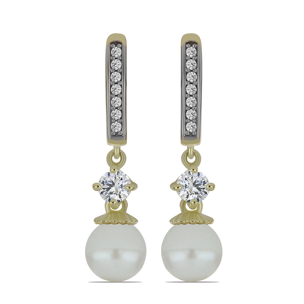 Cercei din Argint 925 Placat cu Aur ( 3.27 grame ) cu Perlă de Apă Dulce Albă și Topaz Alb 6.9 Carate