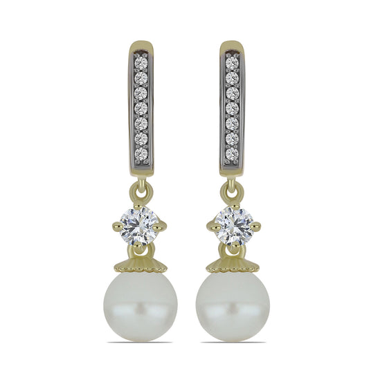 Cercei din Argint 925 Placat cu Aur ( 3.27 grame ) cu Perlă de Apă Dulce Albă și Topaz Alb 6.9 Carate