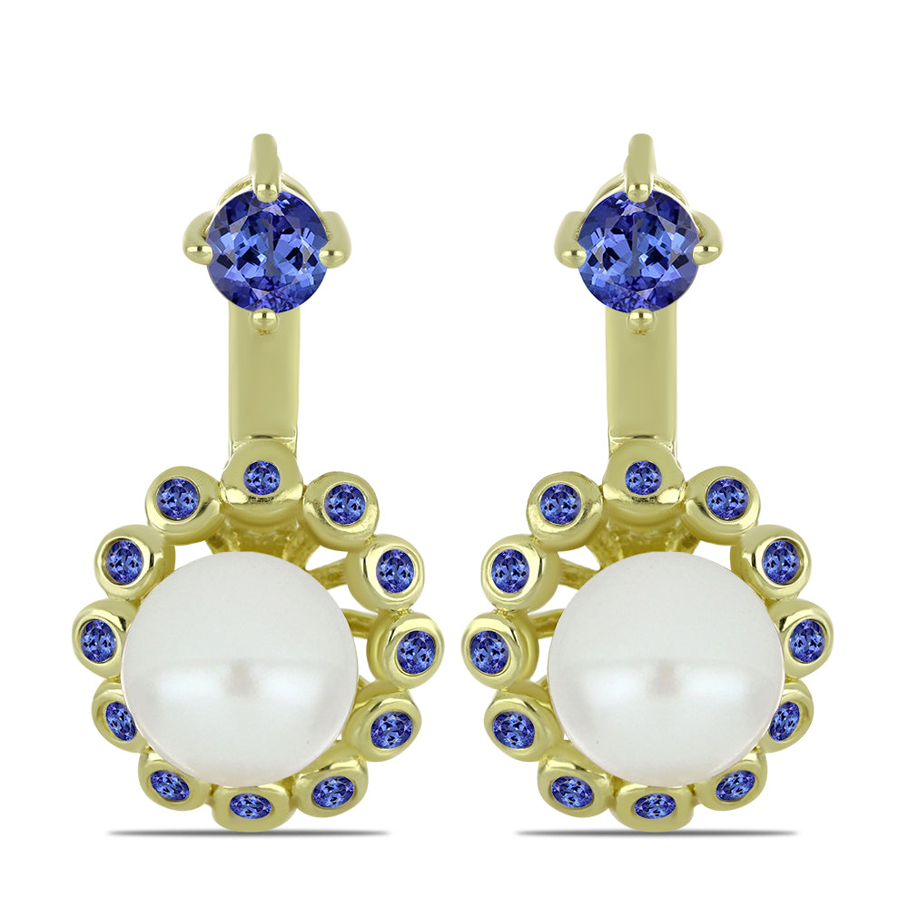 Cercei din Argint 925 Placat cu Aur ( 5.69 grame ) cu Perlă de Apă Dulce Albă și Tanzanit 6.36 Carate