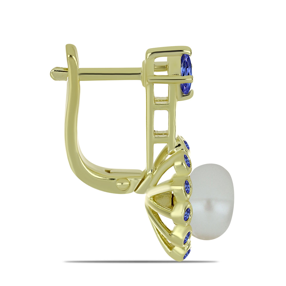 Cercei din Argint 925 Placat cu Aur ( 5.69 grame ) cu Perlă de Apă Dulce Albă și Tanzanit 6.36 Carate 2 