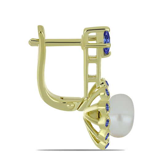 Cercei din Argint 925 Placat cu Aur ( 5.69 grame ) cu Perlă de Apă Dulce Albă și Tanzanit 6.36 Carate
