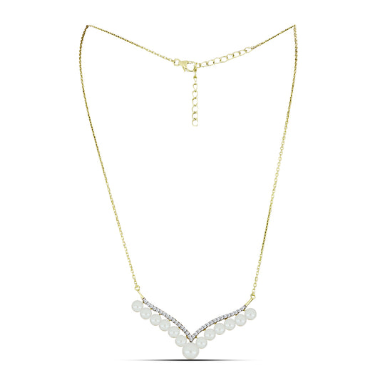 Colier din Argint 925 Placat cu Aur ( 5.12 grame ) cu Perlă de Apă Dulce Albă și Topaz Alb 4.95 Carate