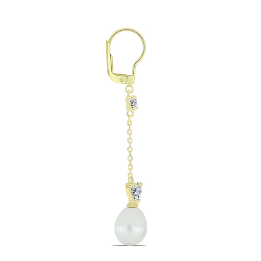 Cercei din Argint 925 Placat cu Aur ( 1.98 grame ) cu Perlă de Apă Dulce Albă și Topaz Alb 11.32 Carate